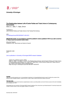 Relationship Between Left-Of-Centre Parties and Trade Unions in Contemporary Democracies