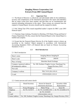 Jiangling Motors Corporation, Ltd. Extracts from 2003 Annual Report