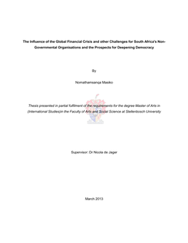 The Influence of the Global Financial Crisis and Other Challenges for South Africa's Non- Governmental Organisations and the Prospects for Deepening Democracy