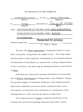 The Behavior of the Pea Crab Fabia Subquadrata in Relation to Its Mussel Host, Mytilus Californianus