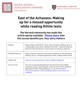 East of the Achaeans: Making up for a Missed Opportunity While Reading Hittite Texts