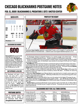 Chicago Blackhawks Postgame Notes Feb