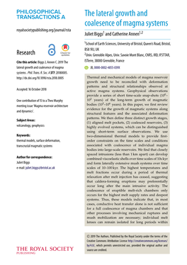 The Lateral Growth and Coalesence of Magma Systems Royalsocietypublishing.Org/Journal/Rsta Juliet Biggs1 and Catherine Annen1,2