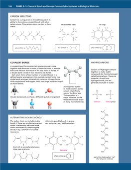 CARBON SKELETONS COVALENT BONDS HYDROCARBONS ALTERNATING DOUBLE BONDS 106 PANEL 2–1: Chemical Bonds and Groups Commonly Encoun