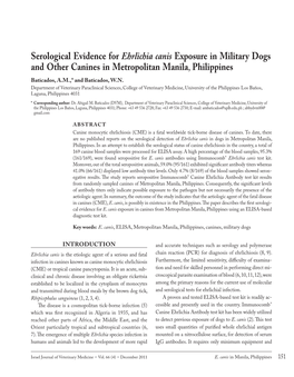 Serological Evidence for Ehrlichia Canis Exposure in Military Dogs and Other Canines in Metropolitan Manila, Philippines Baticados, A.M.,* and Baticados, W.N