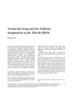 Vernacular Song and the Folkloric Imagination at the Fin De Siècle