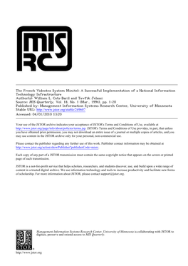 The French Videotex System Minitel: a Successful Implementation of a National Information Technology Infrastructure Author(S): William L