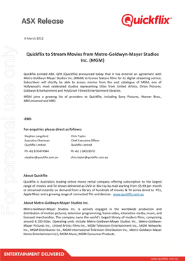 Quickflix to Stream Movies from Metro-Goldwyn-Mayer Studios Inc. (MGM)