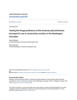 Testing the Forage Preference of the American Pika (Ochotona Princeps) for Use in Connectivity Corridors in the Washington Cascades