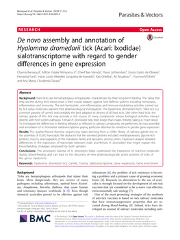 De Novo Assembly and Annotation of Hyalomma Dromedarii Tick (Acari: Ixodidae) Sialotranscriptome with Regard to Gender Differenc