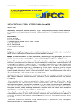 Use of Biomarkers in Screening for Cancer