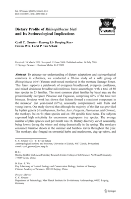 Dietary Profile of Rhinopithecus Bieti and Its Socioecological Implications