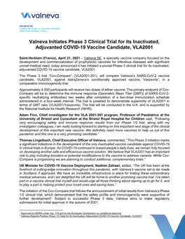 Valneva Initiates Phase 3 Clinical Trial for Its Inactivated, Adjuvanted COVID-19 Vaccine Candidate, VLA2001