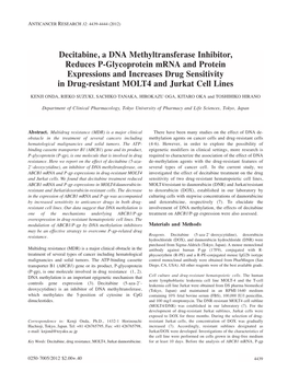 Decitabine, a DNA Methyltransferase Inhibitor, Reduces P-Glycoprotein