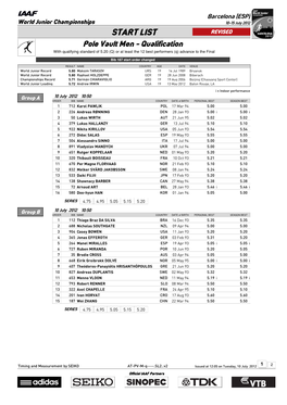 START LIST REVISED Pole Vault Men - Qualification with Qualifying Standard of 5.20 (Q) Or at Least the 12 Best Performers (Q) Advance to the Final