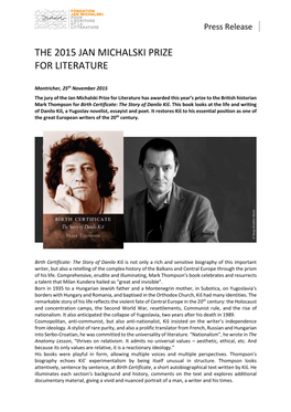 The 2015 Jan Michalski Prize for Literature