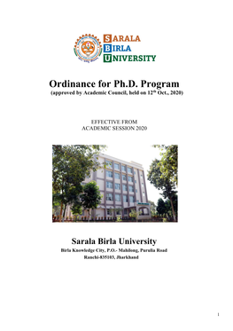 Ordinance for Ph.D. Program (Approved by Academic Council, Held on 12Th Oct., 2020)
