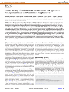 Limited Activity of Miltefosine in Murine Models of Cryptococcal Meningoencephalitis and Disseminated Cryptococcosis