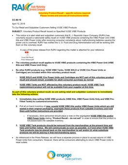 Voluntary Product Recall on Specified VUSE VIBE Products