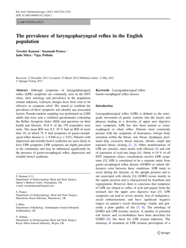 The Prevalence of Laryngopharyngeal Reflux in the English Population