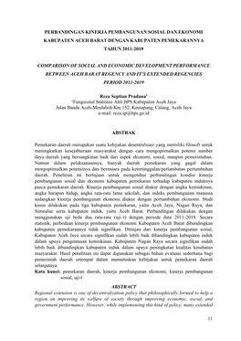 11 Perbandingan Kinerja Pembangunan Sosial Dan Ekonomi Kabupaten Aceh Barat Dengan Kabupaten Pemekarannya Tahun 2011-2019 Compar