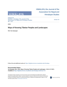 Ways of Knowing Tibetan Peoples and Landscapes