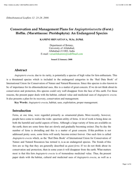 Conservation and Management Plans for Angiopteris Evecta (Forst.) Hoffm