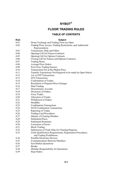 Nybot® Floor Trading Rules Table of Contents