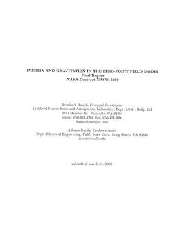 INERTIA and GRAVITATION in the ZERO-POINT FIELD MODEL Final Report NASA Contract NASW-5050