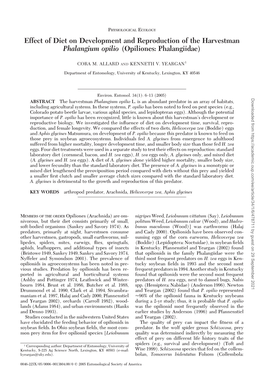 Effect of Diet on Development and Reproduction of the Harvestman Phalangium Opilio (Opiliones: Phalangiidae)