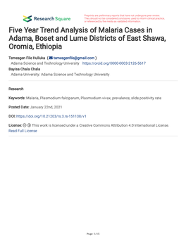 Five Year Trend Analysis of Malaria Cases in Adama, Boset and Lume Districts of East Shawa, Oromia, Ethiopia