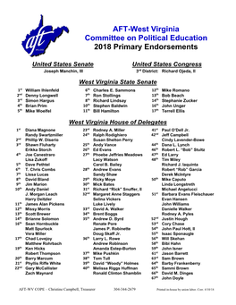 AFT-West Virginia Committee on Political Education 2018 Primary Endorsements