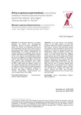 Uma Síntese Analítica E Histórica Do Preconceito Racial E Social Nas Músicas: “Sou Negro”, “Brincar De Índio” E “Fricote”