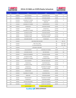 2014-15 NBA on ESPN Radio Schedule