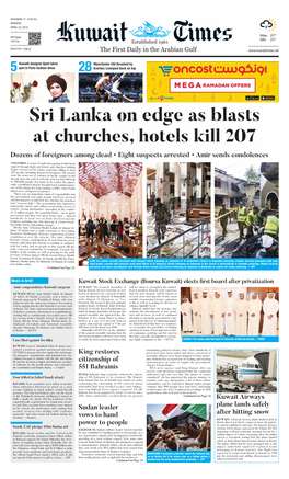 Sri Lanka on Edge As Blasts at Churches, Hotels Kill 207 Dozens of Foreigners Among Dead • Eight Suspects Arrested • Amir Sends Condolences