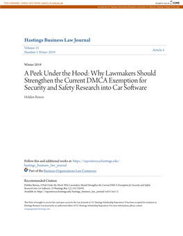 Why Lawmakers Should Strengthen the Current DMCA Exemption for Security and Safety Research Into Car Software Holden Benon