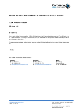 ASX Announcement Form 8K