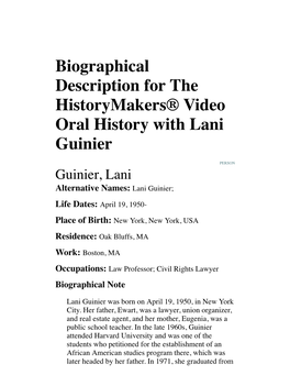 Biographical Description for the Historymakers® Video Oral History with Lani Guinier