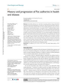 History and Progression of Fat Cadherins in Health and Disease