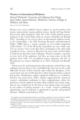 Women in International Relations Daniel Maliniak, University of California San Diego Amy Oakes, Susan Peterson, Michael J