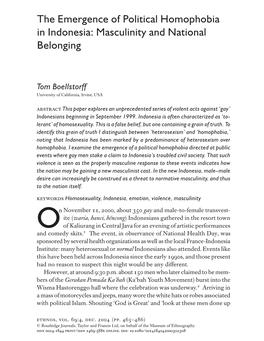 The Emergence of Political Homophobia in Indonesia 465 the Emergence of Political Homophobia in Indonesia: Masculinity and National Belonging