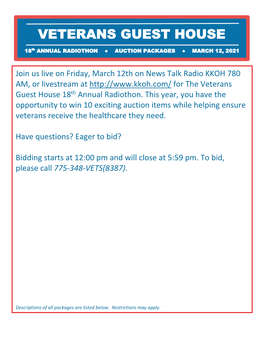 Join Us Live on Friday, March 12Th on News Talk Radio KKOH 780 AM, Or Livestream at for the Veterans Guest House 18Th Annual Radiothon