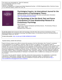 The Psychology of the Pair-Bond: Past and Future Contributions of Close Relationships Research to Evolutionary Psychology Paul W