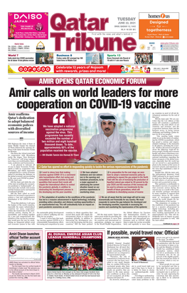 Amir Calls on World Leaders for More Cooperation on Covid-19 Vaccine
