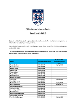FA Registered Intermediaries (As of 14/01/2021)