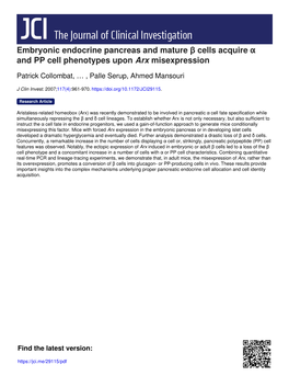 Embryonic Endocrine Pancreas and Mature Β Cells Acquire Α and PP Cell Phenotypes Upon Arx Misexpression