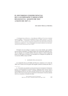 El Recorrido Jurisprudencial De La Suspensión Y Disolución De Batasuna: Agosto De 2002 Amayo De 2007 (1)