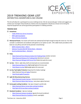 2019 Trekking Gear List Antarctica Adventure & Ski Cruise