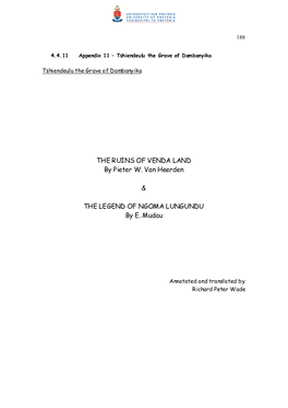 THE RUINS of VENDA LAND by Pieter W. Van Heerden & the LEGEND of NGOMA LUNGUNDU by E. Mudau