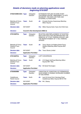 Details of Decisions Made on Planning Applications Week Beginning 8/10/2007